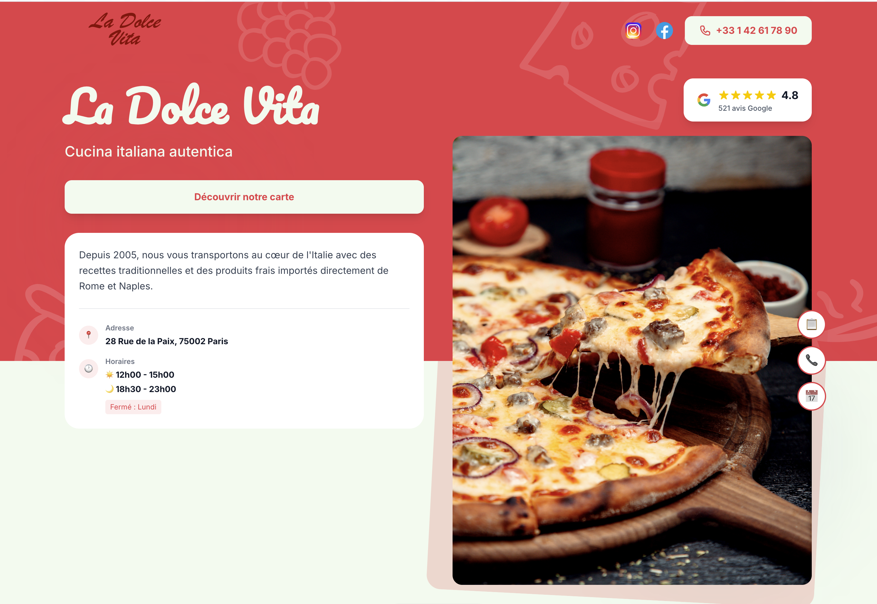 Aperçu du menu La Dolce Vita (Desktop)